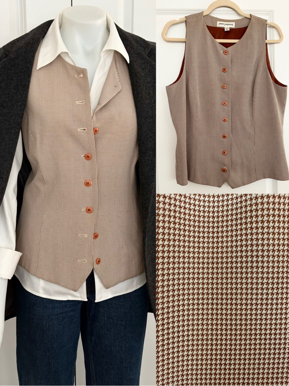 Vintage 90s Tan Houndstooth Waistcoat Tailored Button Down Vest -Preppy Heritage
